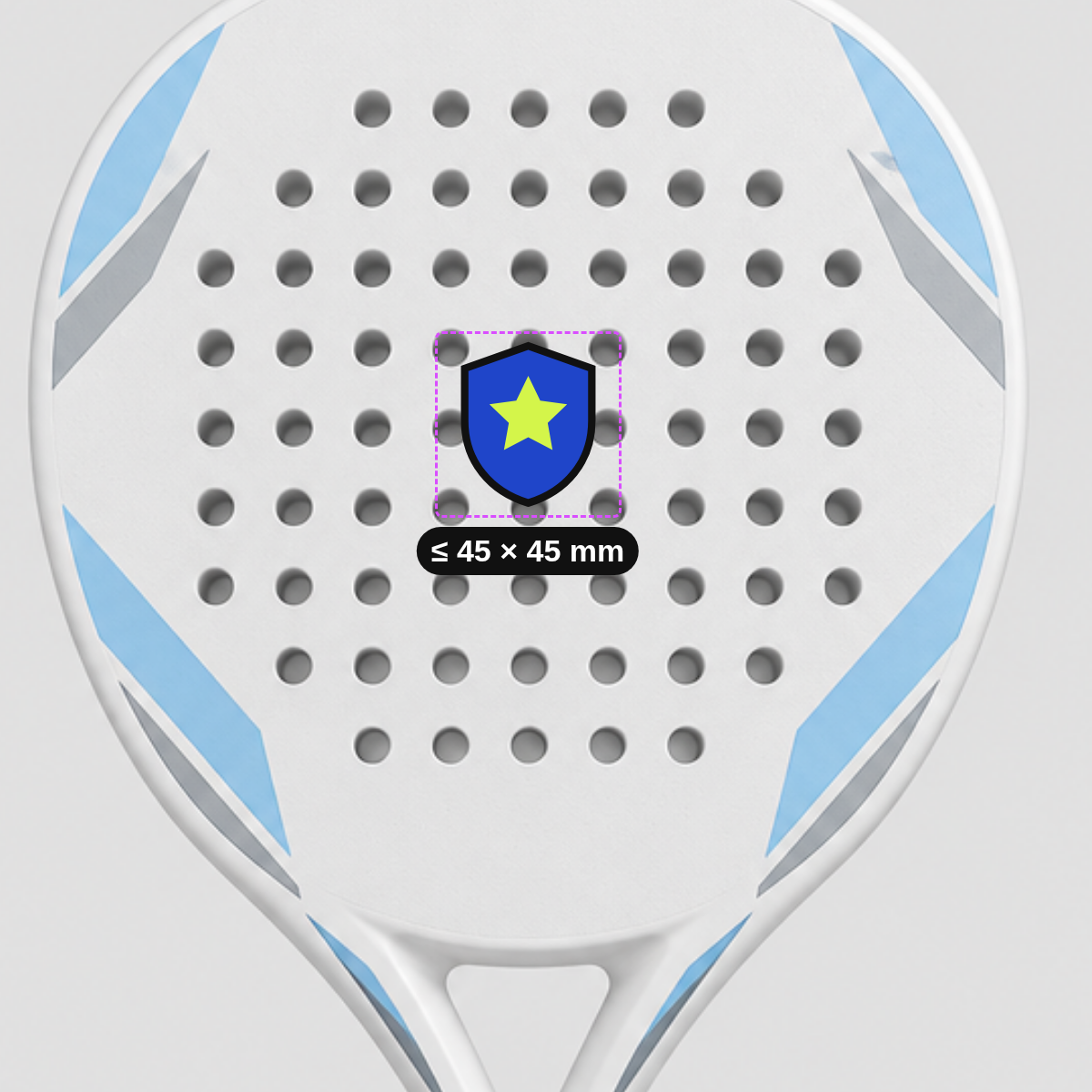 Logo personalizado en una pala de pádel blanca, hasta 45 × 45 mm