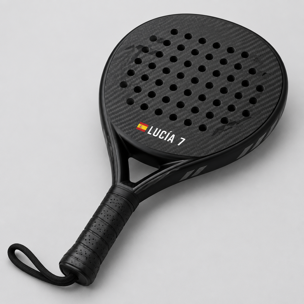 Pala de pádel negra con sticker personalizado LUCÍA 7 y bandera de España
