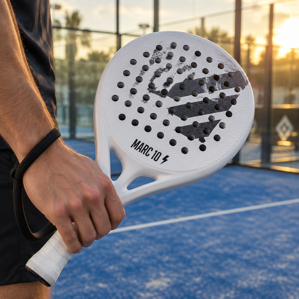 Jugador con pala de pádel blanca personalizada con su nombre