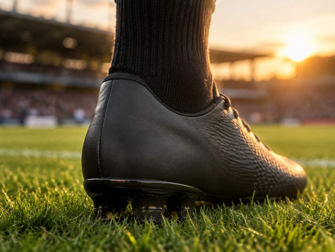 Name sticker on a boot on the pitch