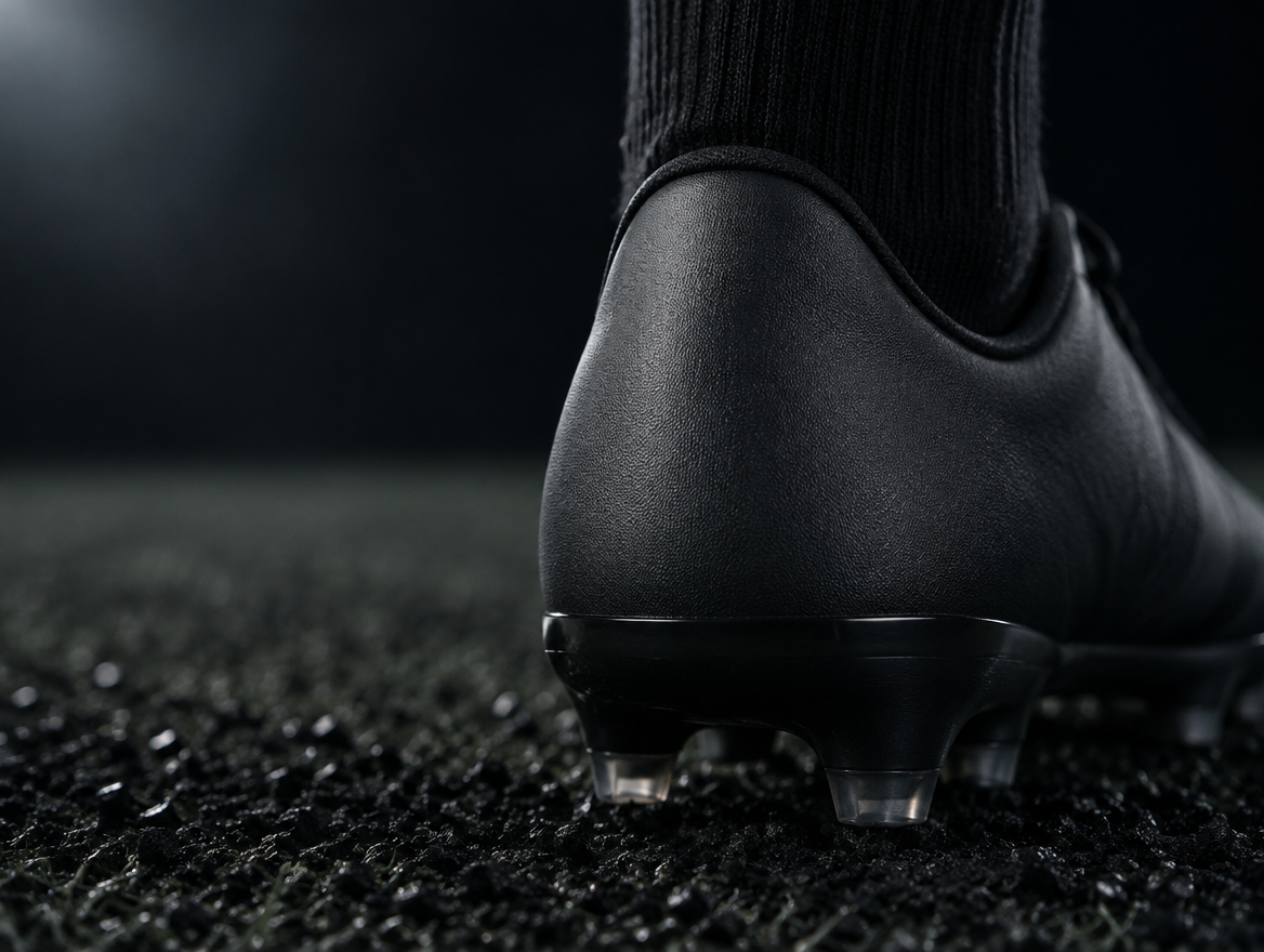 Name sticker on the heel of a black football boot